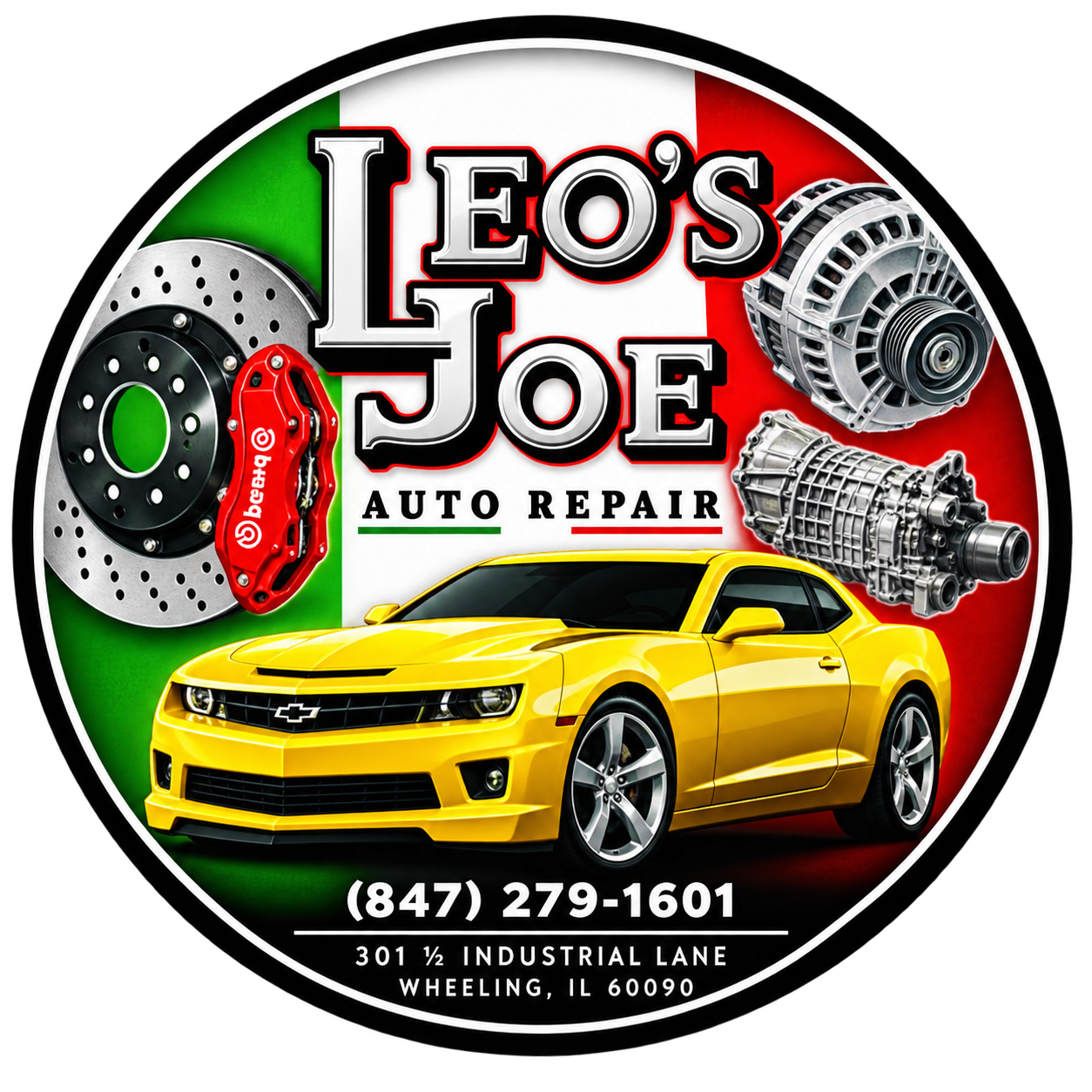 Leo's & Joe Auto Repair logo with yellow Camaro, brakes, alternator, and transmission