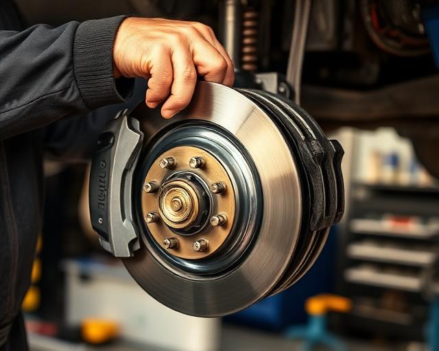 Mechanic installing new brake pads and rotor