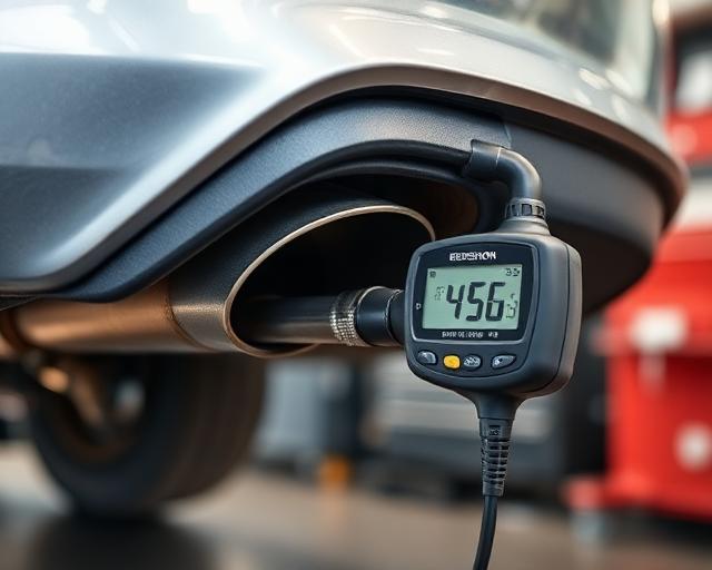Emissions testing probe attached to a car exhaust pipe