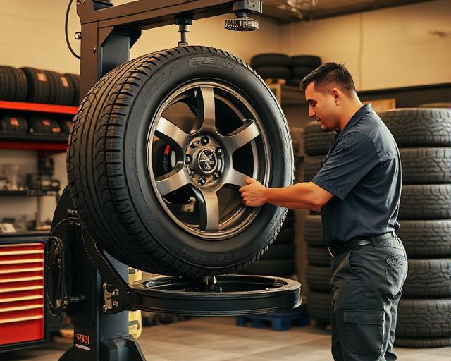 Mechanic mounting and balancing a tire on a machine